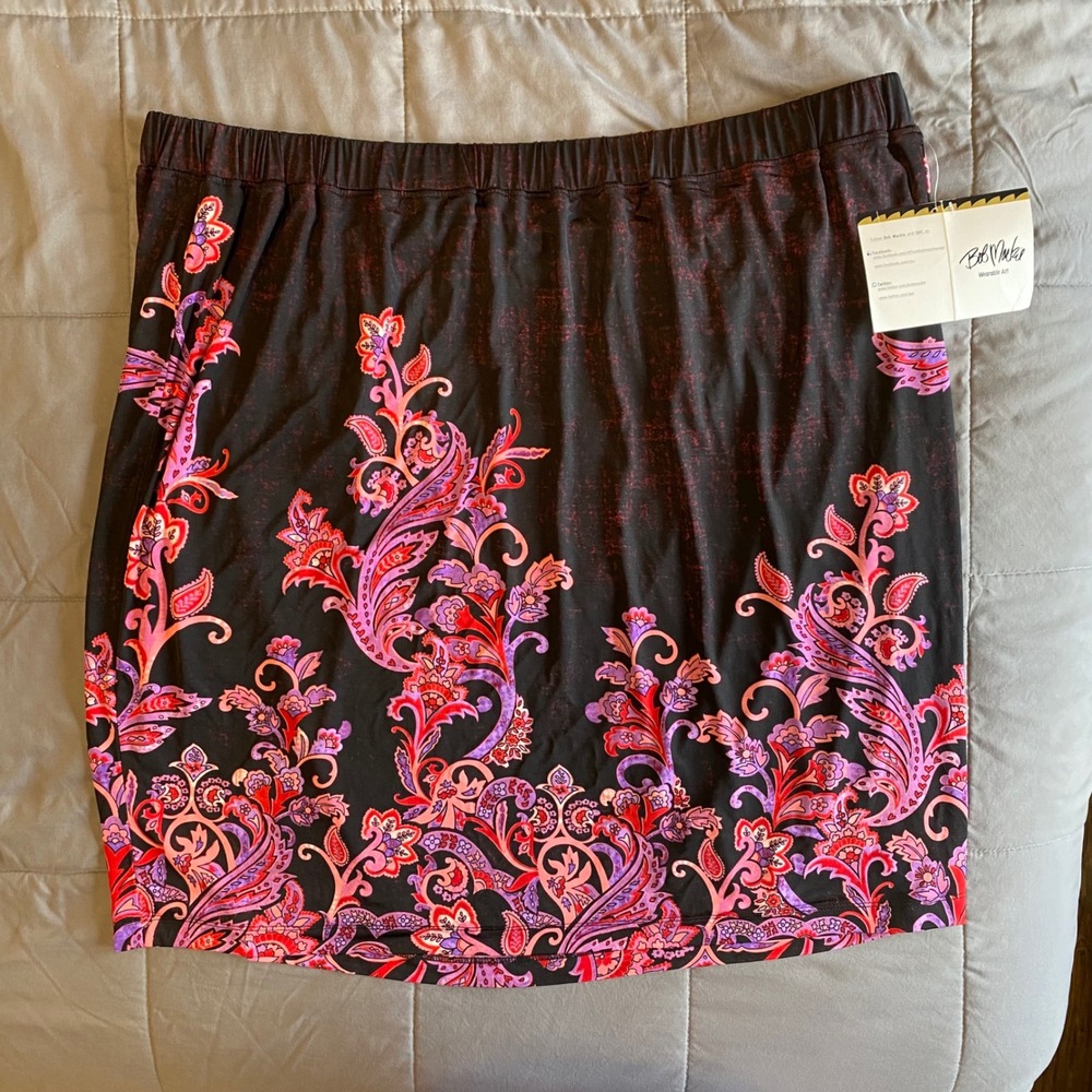NWT Bob Mackie 3X Wearable Art Lined Knee Skirt Paisley Floral Pink Elastic Plus